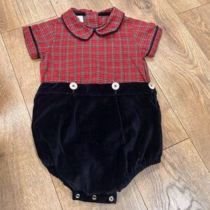 La Petite Fleur Baby bubble in red holiday plaid with navy velvet - Size 18M